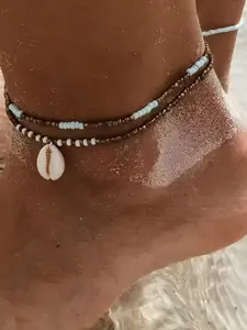 Women's Fashion Elegant Shell Pendant & Conch Beaded Anklet Set, Beach Vacation Style, Wedding Engagement Party Jewelry Gift, Trendy Jewelry