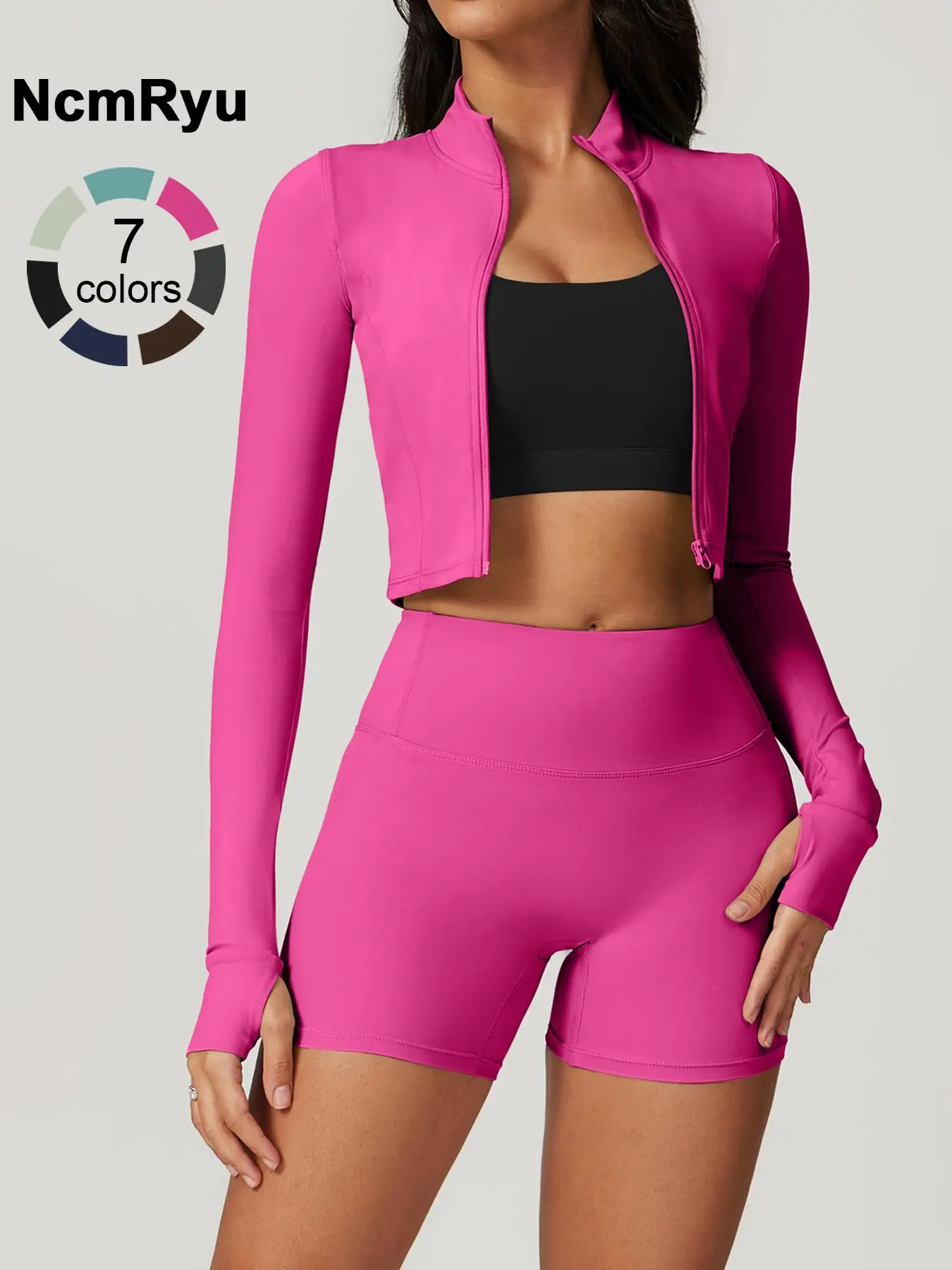 Women's high elastic soft standing neck zipper waist length shaping jacket high waist beautiful buttocks shorts yoga suit set Outdoor Running Cycling,