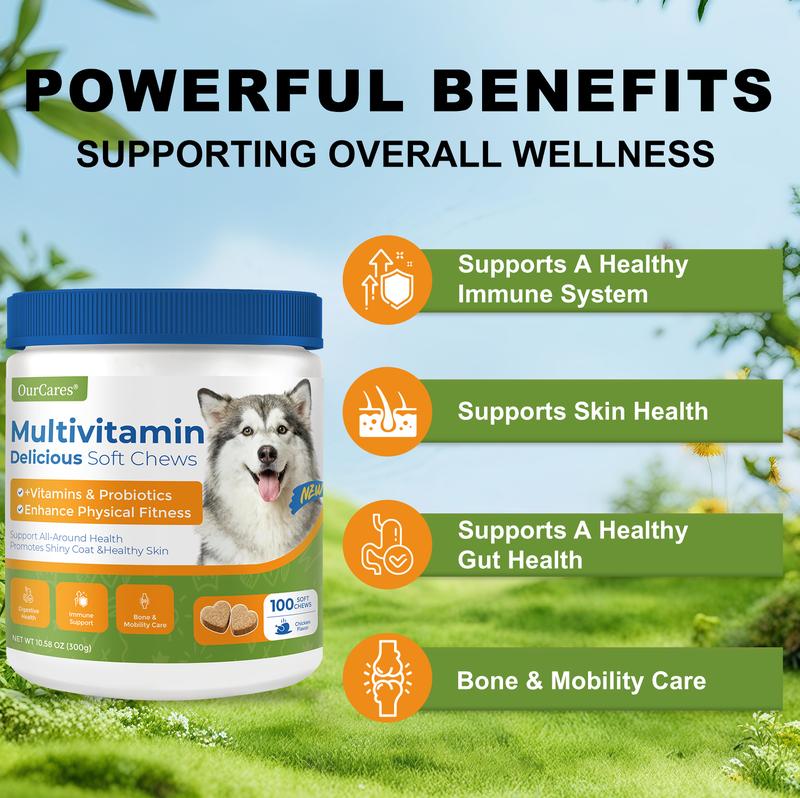 OurCares Generation 2 Dog Multivitamin Supplements 120 Count Dog Multivitamin Chewable  Immune Joint Support Skin Gut Health Glucosamine & Probiotics - Safe for Senior & Puppy Multivitamin - Chicken Flavor Pet Daily Chews Snacks