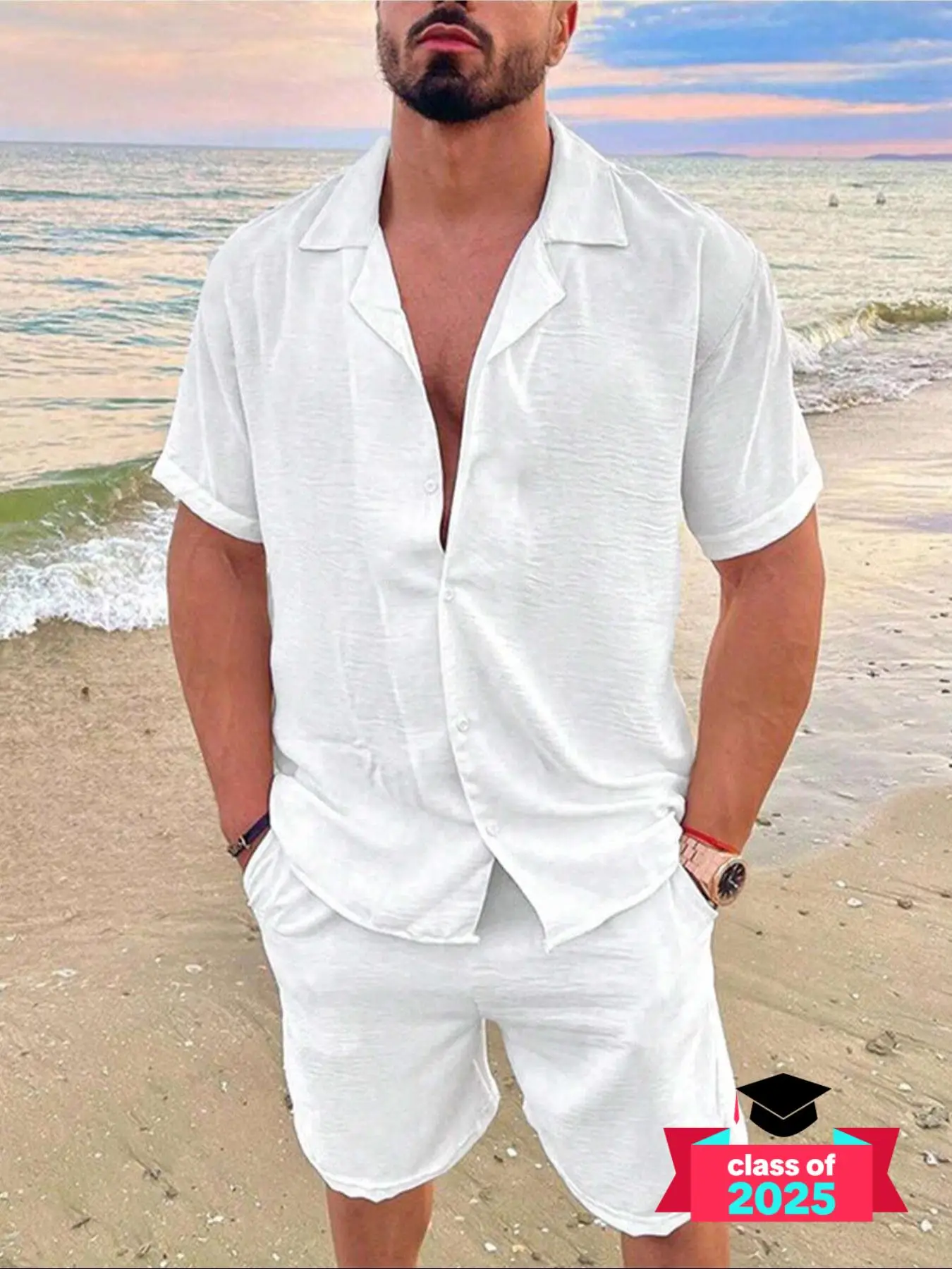 2 Counts Men's Solid Button Front Shirt & Elastic Waist Shorts Two-piece Set, Men's 2 Piece Set, Streetwear Short Sleeve Top & Pocket Design Shorts Su