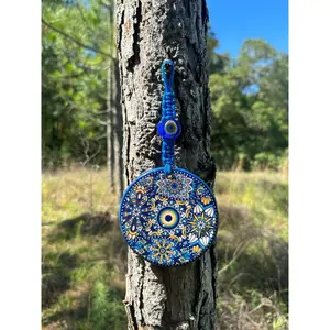 Wall Hanging Ceramic Evil Eye Nazar Boncuk Mal De Ojo, Modern Boho Style Home Decor -- Multi Floral Mandala
