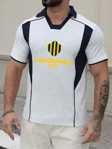 Single Piece Print Two-Color Patchwork Polo Shirt, Casual Sporty Collar Youth Fashion Wear, Trendy and Comfortable Design