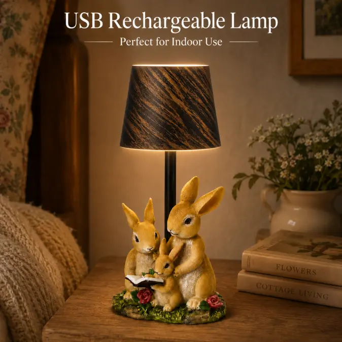 Resin Rabbit Family Sculpture Table Lamp, Dual Charging Options: Solar Power & USB Rechargeable, Built-in Lithium Battery, Vintage Wood Grain Fabric Lampshade, Warm Ambient Light, Decorative Night Lamp for Bedroom, Cottage Home, Housewarming Gift