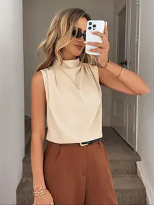 Women's Solid Stand Collar Sleeveless Blouse, Elegant Fashion Ruched Tank Top for Daily Outdoor Wear, Women Clothing for Summer