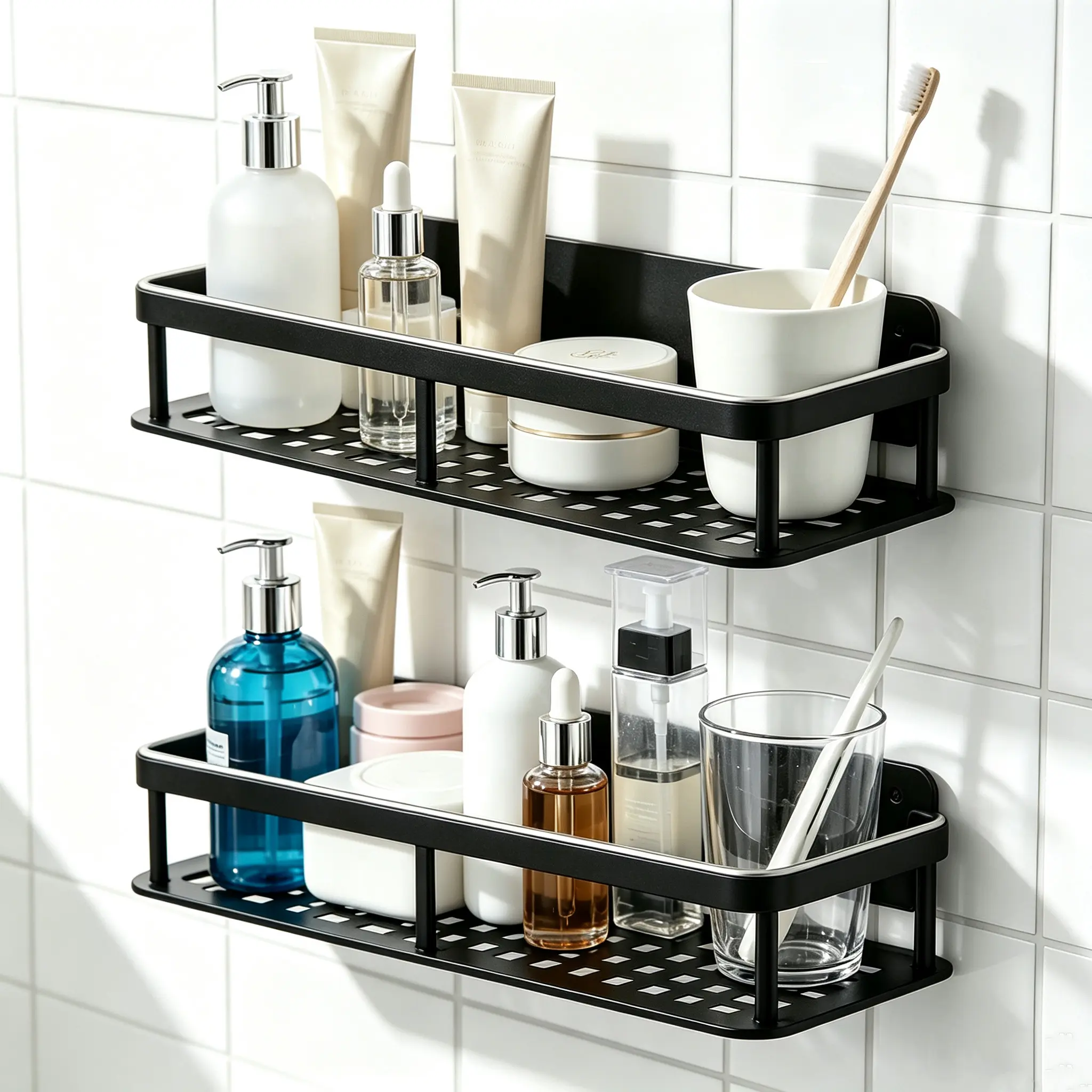 Shower Caddy Adhesive, Self-Adhesive Bathroom Shelves Basket, 2 Pack Large Capacity Shower Shelve with Hook Rack, No Drilling Bathroom Organizers and Storage for Home Decor (4Pack-Black)