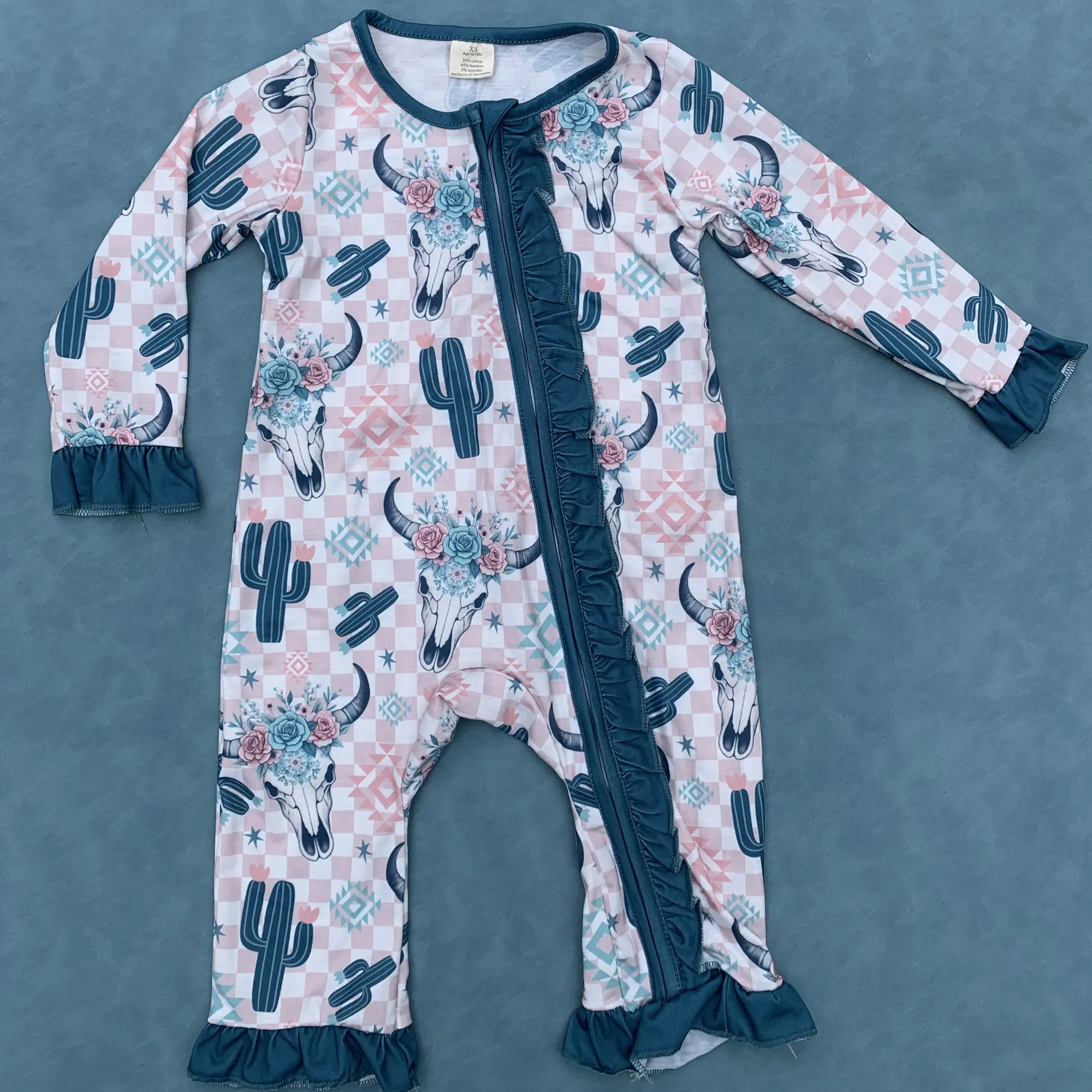 Western cactus bull skull floral baby girls zip romper Western cactus bull skull floral baby girls zip romper