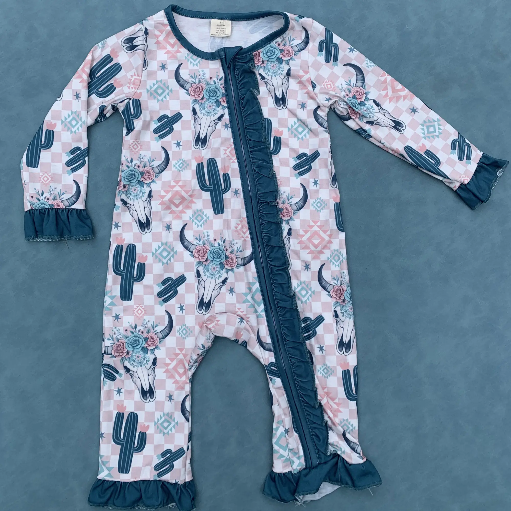 Western cactus bull skull floral baby girls zip romper