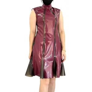 Color-blocked Latex Dress for Women Summer Fashion Sleeveless High Neck Zipper Detail