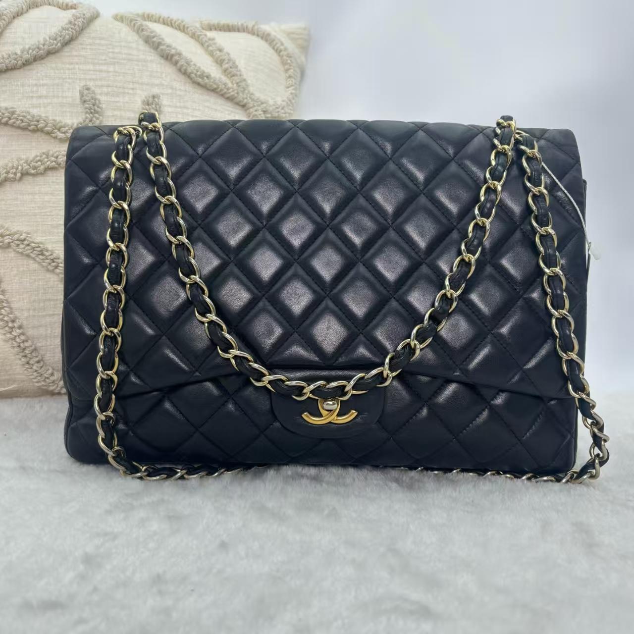 Pre-owned CHANEL Classic Flap | Black Lambskin Gold Hardware, Maxi Size|19373135