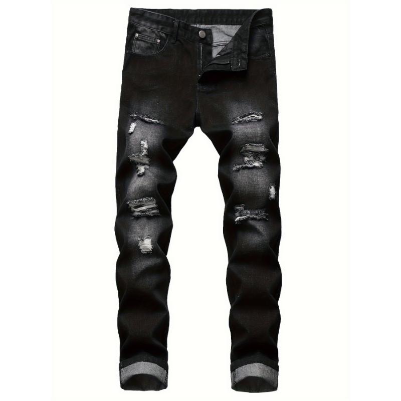 Men's Slim Fit Ripped Jeans - Distressed Black Denim Pants With Street Style Design, Comfortable Straight Leg Cut, Machine Washable, All-Season Casual Wear, Casual Wear Jeans|   Bold Statement Jeans|   Stretchable Fabric Streetwear Cotton