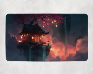 Night Shrine MTG Playmat Floating Temple with Red Lanterns & Cherry Tree Fantasy Magic the Gathering Mat for EDH Commander & TCG 24"x14" Smooth Fabric Non-Slip Base