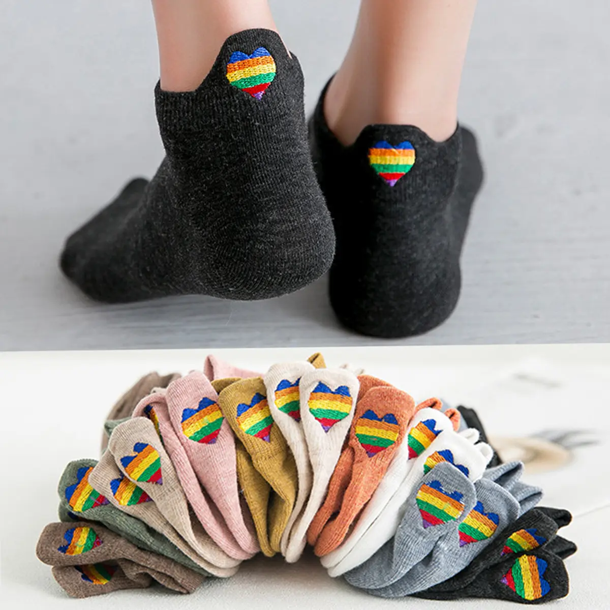 10 Pairs Rainbow Heart Embroidery Ankle Socks for Women, Soft Cotton Low Cut Casual Cute Heart Logo Daily Wear Socks