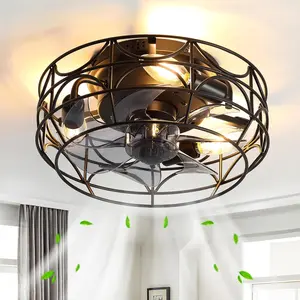 Black Caged Ceiling Fans with Lights and Remote,6 Speeds,12 inch Industrial Flush Mount Ceiling Fan with LightModern Bladeless Fan Lights Ceiling Fixtures for Kitchen, Bedroom,Indoor