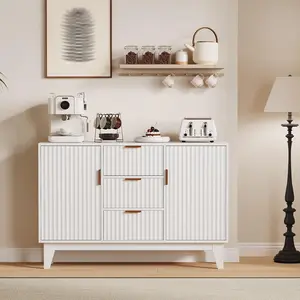 Gaomon Fluted MDF Panel Sideboard Buffet Cabinet with Oak Legs, Sturdy Frame, 2 Doors, 3 Drawers, 300 lbs Capacity, Wood Coffee Bar Table for Dining Room, Living Room (White), Fluted Panels