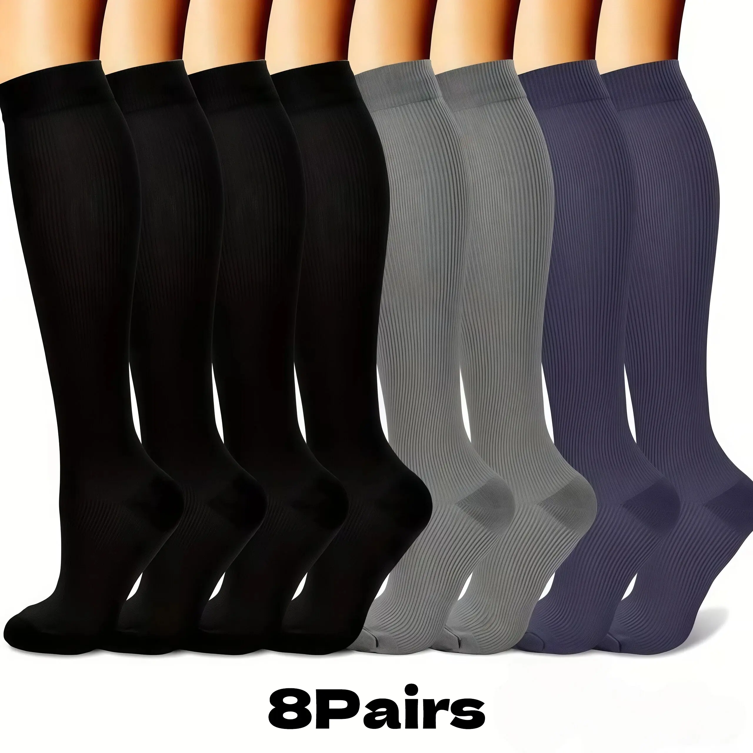 8 Pairs Unisex Compression Socks, 15-20mmHg, Top Support for Running, Cycling & Sports