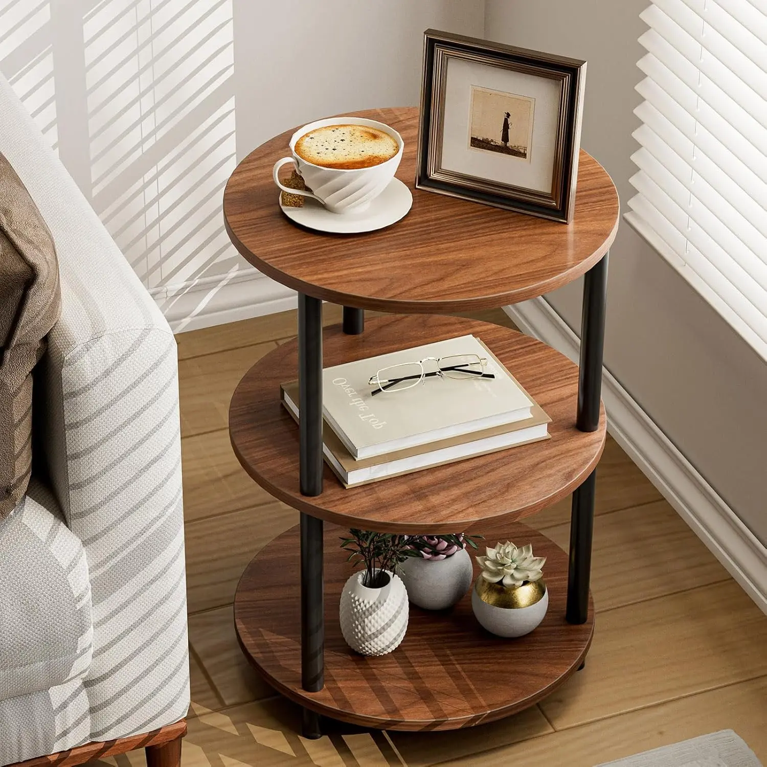 Round Coffee Table for Living Room  Narrow Side or Bedside Stand Industrial Vintage Nightstand for Bedroom or Small Spaces Rustic Walnut