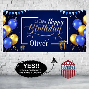 Custom Blue and Gold Happy Birthday Banner - Personalized Celebration Decor for Boys - Blue and Gold Backdrop - Gifted custom birthday