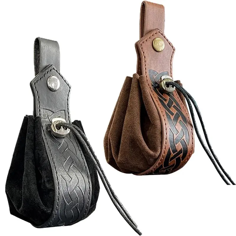 Viking Style Embossed PU Leather Drawstring Bag, Steam Punk Medieval Renaissance Wallet, Coin Pouch, /, Casual Use, Belt Bags, Casual Waist Bag