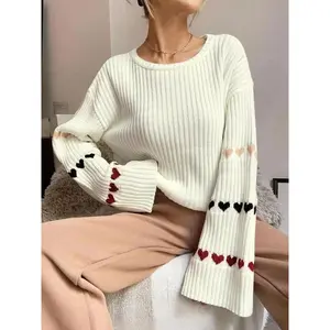 Women's color blocked heart-shaped printed off shoulder sweater, autumn and winter casual long sleeved round neck jumper, fashionable women's knitted daily wearRAIMENTRY