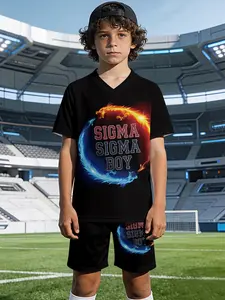 SIGMA Flame Boys' V-Neck Sports Short Sleeve and Shorts Set, Sports clothing, Football uniform, 100% polyester, casual and loose-fit, featuring printed patterns for summer, ideal for outdoor physical activities and daily casual wear, it is a gift for boys
