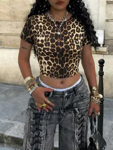 Women's vintage street fashion Y2K leopard print full-print slim-fitting crop top with regular shoulder round neck short-sleeved T-shirt, hot girl sexy fashion street tight-fitting top