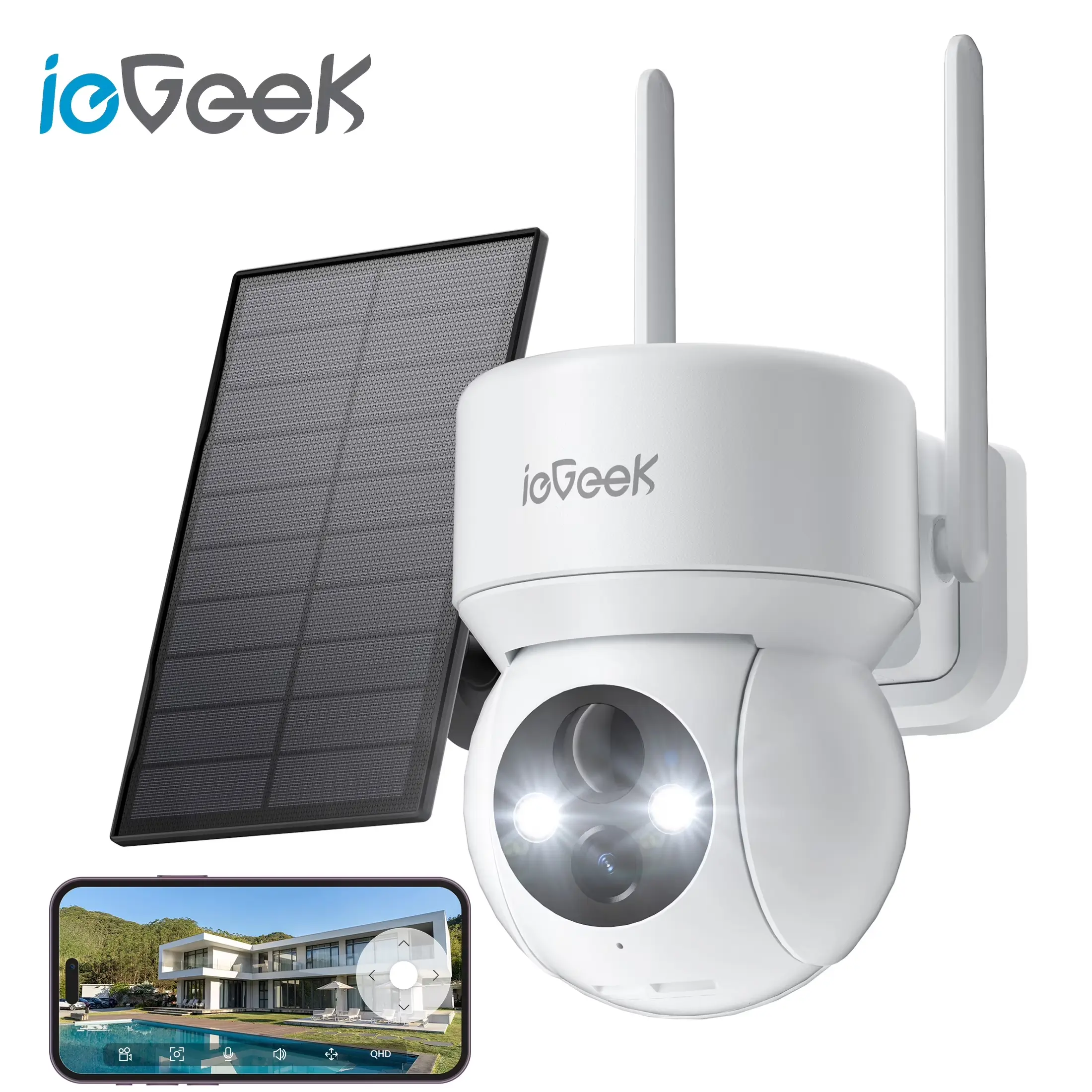 Iegeek Security Cameras Wireless Outdoor, 2K Wifi Solar Camera for Home Surveillance, 360 View PTZ, Battery Powered, Color Night Vision, Motion Sensor ieGeek