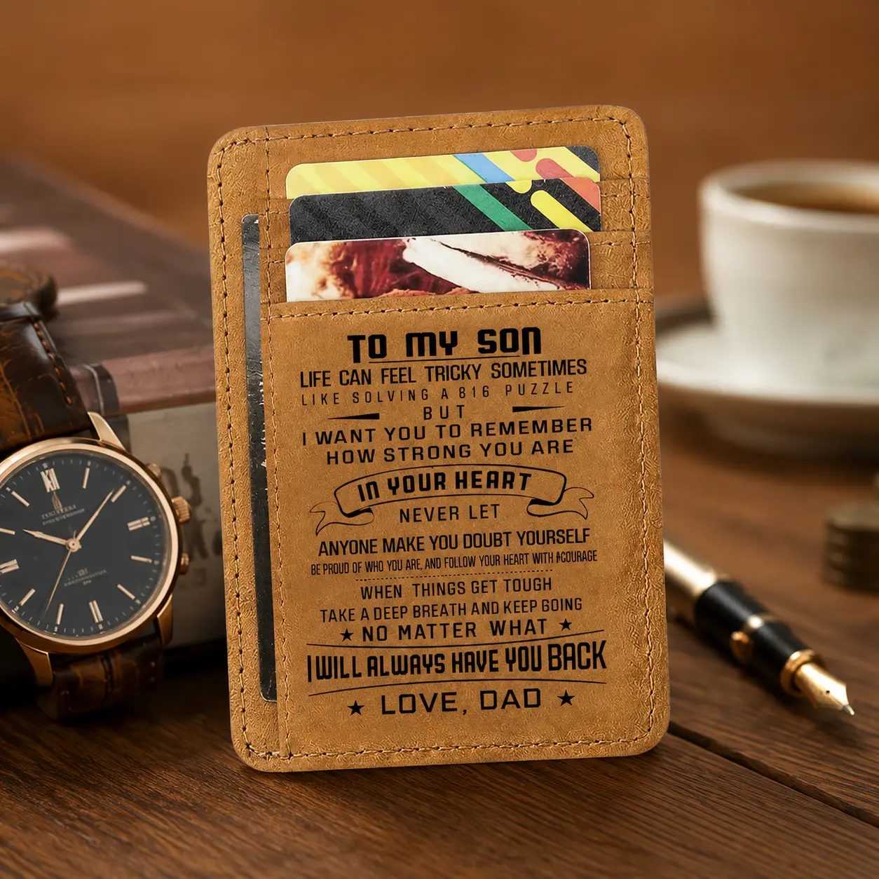 Genuine Leather Letter Design RFID Shielded Bifold Card Holder Wallet for Son, Slim Minimalist 18th Birthday Christmas Gift from Mom or Dad, Men's RFID Blocking Card & ID Case
