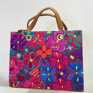 Bolsa grande de piel $99 con bordado mexicano, con cosmetiquera - Mexican Leather bag with cosmetic bag