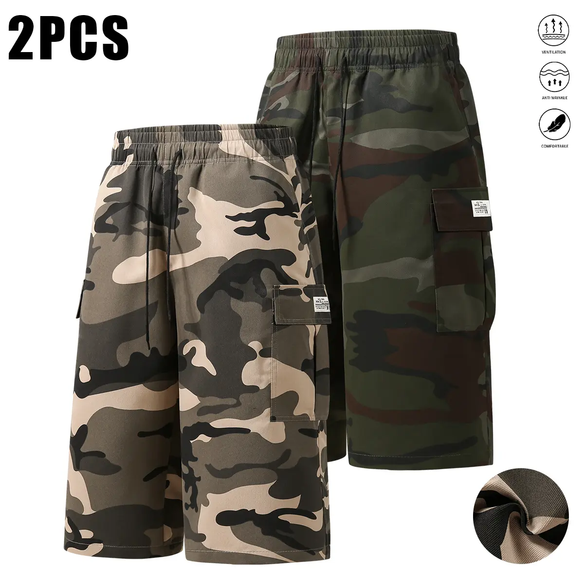 Set of 2 men’s cargo shorts with multiple pockets—outdoor casual camouflage seven-inch shorts with practical flap pockets; versatile seven-inch shorts suitable for everyday wear, travel, the beach, fishing, and outdoor activities.