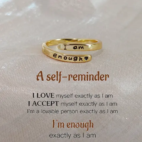 Modmints AAA Grade Synthetic Diamond Engraved Affirmation Ring - Adults' Unisex Adjustable US 6-10 Minimalist Band, Inspirational Self-Affirming Self-Care Gift Artificial Gemstone Jewelry