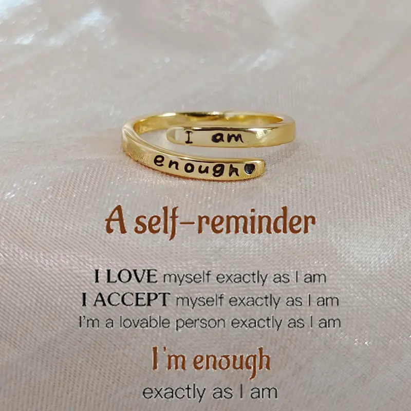 Modmints AAA Grade Synthetic Diamond Engraved Affirmation Ring - Adults' Unisex Adjustable US 6-10 Minimalist Band, Inspirational Self-Affirming Self-Care Gift Artificial Gemstone Jewelry