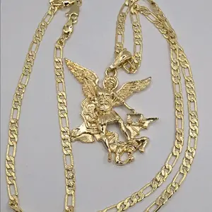 Saint Michael's necklace figaro style gold-plated long zise big pendant