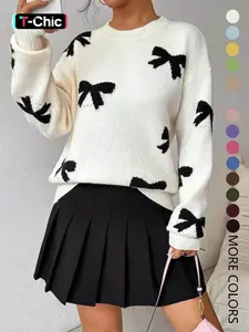 Women's Fashion Bow Print Casual Style Loose Knit Sweater, New Long Sleeve Pullover for Autumn and Winter, Knitwear, Tops, Womenswear