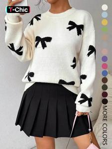 women's bow print drop shoulder sweater, casual trendy long sleeve round neck jumper for spring & summer, fashion ladies' knitwear for daily wear, tops