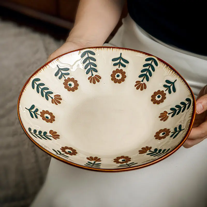 1pc Vintage Glazed Floral Deep Plate 9 Inches, Chinese Aesthetic Tableware, Large Capacity Soup Bowl, Versatility for Pasta and More