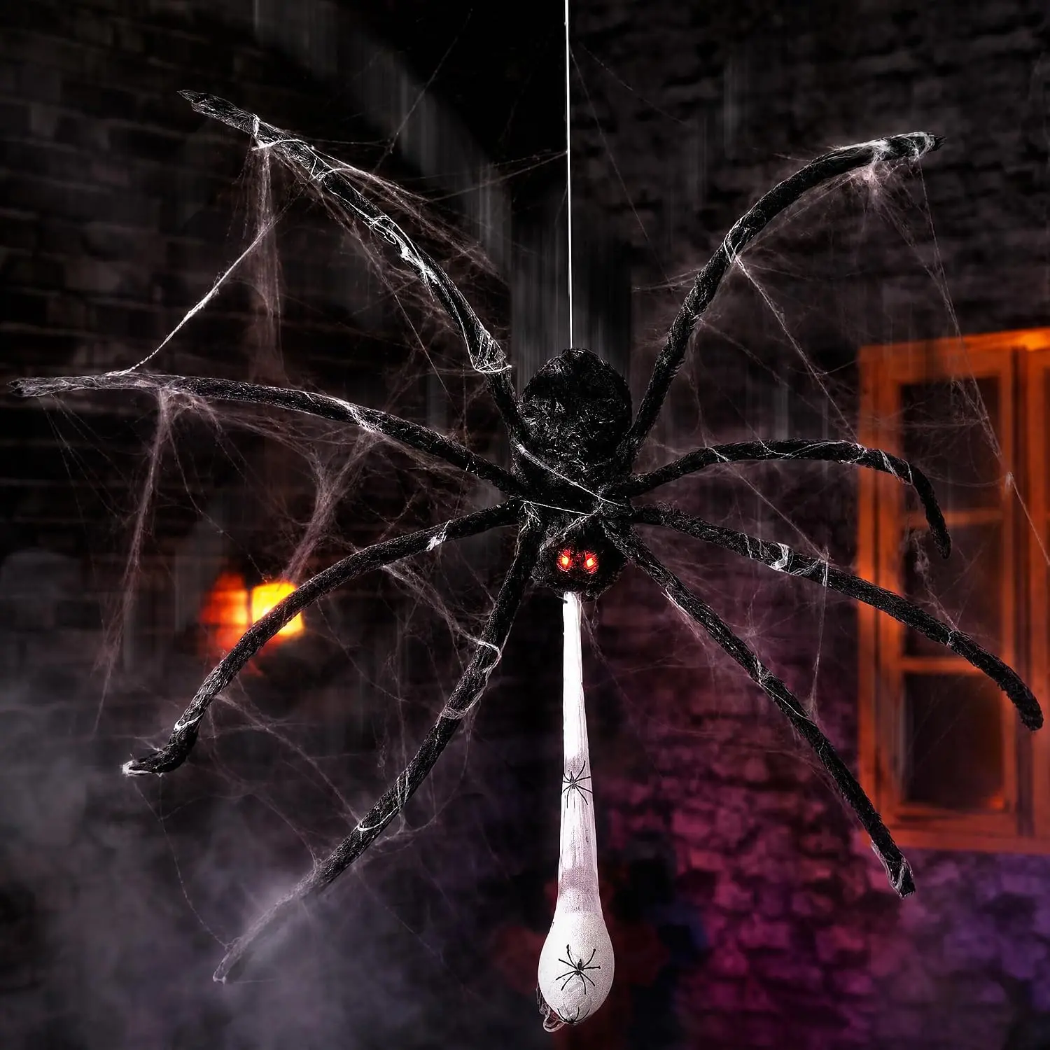 48'' Halloween Animatronics Floating Hanging Giant Spider with Egg Sac, Glowing Eyes, Scary Movement, Creepy Sound, Sound Activation, Haunted House Decor Prop for Indoor Outdoor, Festive Home Supplies Gift