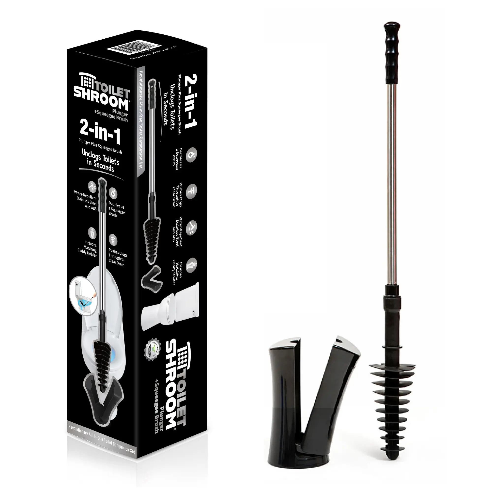 ToiletShroom Revolutionary Clog Remover and Drain Cleaner with Stainless Steel Handle and Caddy Holder | Durable Plunger and Brush Combo for Bathroom
