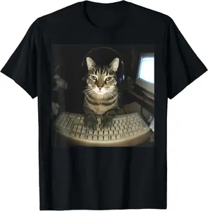 100% Cotton Vintage Hacker Cat Meme Computer Kitten Gamer Cat T-Shirt