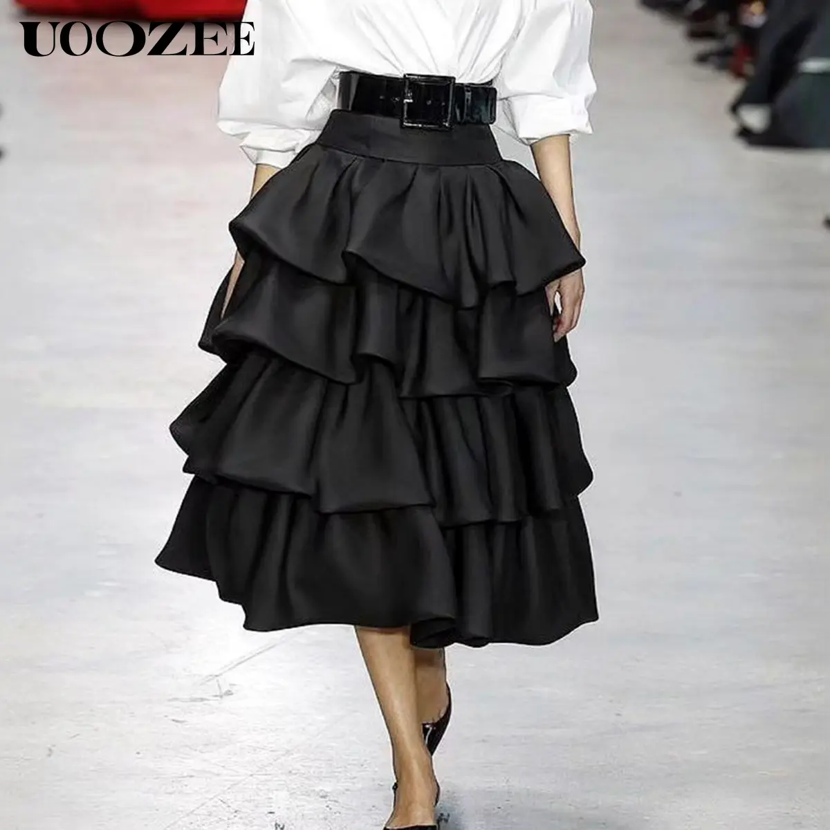 UOOZEE Women's High-Waist Tiered Cocktail Midi Skirt - Feminine A-Line with Ruffles, Structured Polyester Fabric, No Stretch Waistband,back to school shopping, Soft