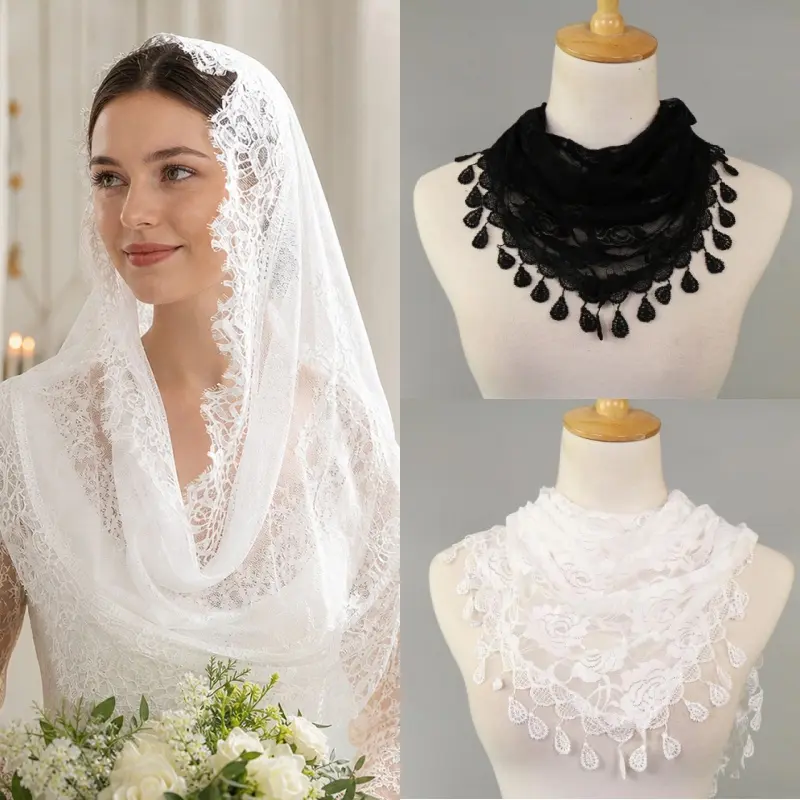 4pcs set Floral Lace Tassel Triangle Head Scarf Multi-Purpose Soft Veil Wrap 4pcs set Floral Lace Tassel Triangle Head Scarf Multi-Purpose Soft Veil Wrap
