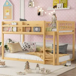 Low Bunk Bed Twin Over Twin Floor Bunk Bed with Ladder, Solid Wood Twin Bunk Bed
