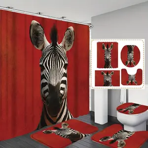 Zebra Print Shower Curtain Set with Hooks, Non-Slip Bath Mat, U-Shaped Floor Mat, Toilet Seat Cover, Bathroom Accessories