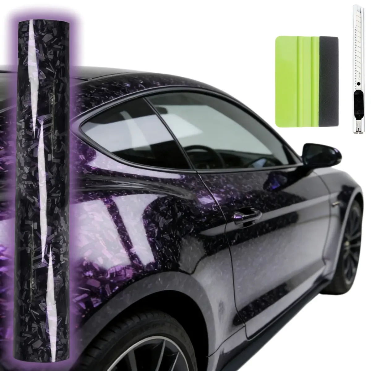 Foneso Purple Reflective Gloss Forged Carbon Fibre Car Sticker Kit - 60"x12" Self-Adhesive Air Release Vinyl Wrap Sheet, Car Styling Decal with Squeegee + Cutter, Purple Wrap Decal for BMW, Tesla, Purple Wrap Decal Car Stickers