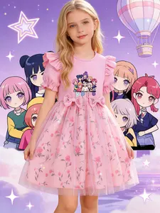K-Pop Floral Princess Dress for Girls, Bubble Sleeve Bow Lace Dress, Cute Slim-Fitting Clothing, Summer Fashion