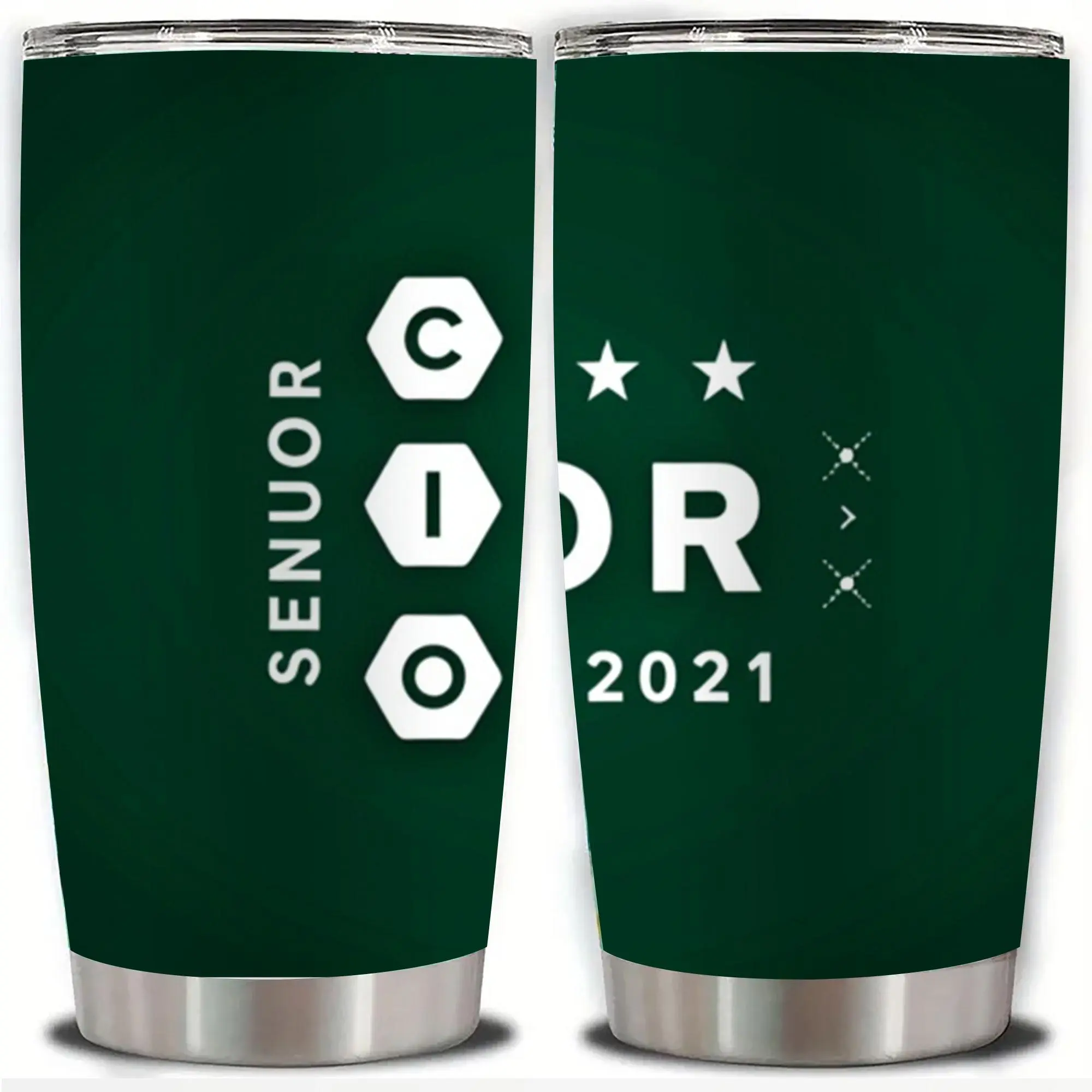 20oz "Senior Class of 2021" Modern Typography Art Stainless Steel Tumbler, Double Wall Vacuum Insulated Travel Mug with Hexagon Design and Star Accents, Spill Proof Lid and Straw, Perfect Graduation Gift, Ideal for Christmas, Thanksgiving, Valentine's
