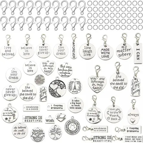 Mixed Shape Zinc Alloy Keychain Set, 100pcs/set Vintage Letter Pattern Hearts Pendant, DIY Jewelry Making Accessories for Bracelet Necklace Earrings DIY Keychains