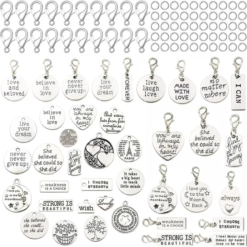 Mixed Shape Zinc Alloy Keychain Set, 100pcs/set Vintage Letter Pattern Hearts Pendant, DIY Jewelry Making Accessories for Bracelet Necklace Earrings DIY Keychains