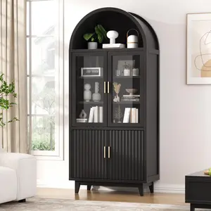 Vabches Arched Storage Cabinet 70.8" Tall, Modern Fluted Door Cabinet with Tempered Glass and Adjustable Shelves, Solid Wood Legs Accent Furniture for Living Room, Kitchen, Dining Room, Entryway, Natural