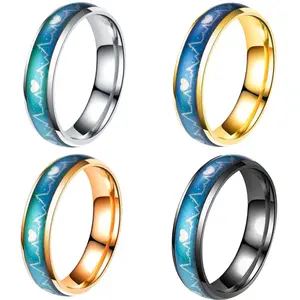 Stainless steel ring for men, temperature-sensitive color-changing mood electrocardiogram titanium steel ring that does not fade
