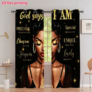 2D Flat 2Pcs Religious Black Woman Portrait Curtains Gold God Says I Am Bible Verses Inspirational Quotes Drapery Grommet Top Semi Sunshade for Living Room Bedroom Home Decor Window Treatment Accessory Home Decoration Curtain